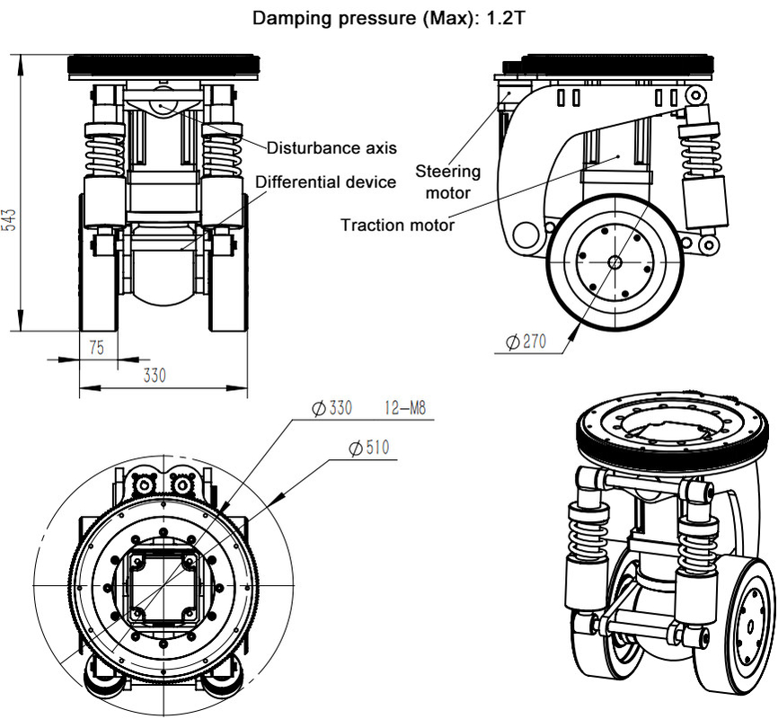 3T DC Motor Shock Absorbing Wheel Intelligent Suspension Steering 1500KG